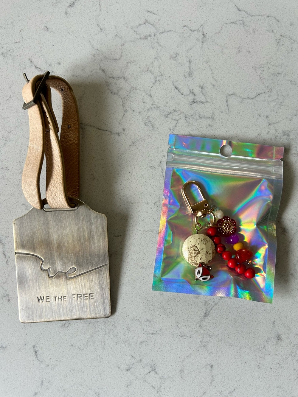 Free People Bag Charm Bundle-We The Free Metal Tag Tan Leather Strap & Fox Charm